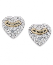 You'll get a crush on these lovely studs from Juicy Couture. Encrusted with crystal pave stones, they feature a gold tone logo plaque at the center. Crafted in silver tone mixed metal. Approximate diameter: 3/8 inch. You'll get a crush on these lovely studs from Juicy Couture. Encrusted with crystal pave stones, they feature a gold tone logo plaque at the center. Crafted in silver tone mixed metal. Approximate diameter: 3/8 inch.