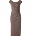 Luxurious dress in fine taupe stretch viscose - Wonderfully soft, flattering jersey quality - A modern classic from the Donna Karan Collection - A smashing dress with ultra elegant, figure-flattering draping, molds a dream silhouette - Feminine scoop neckline, short cap sleeves - Slim, draped to the body with a sexy fitted waist - In classic pencil length, just above the knee - A very special dress for very special occasions, from cocktail parties to galas - A favorite dress for style-conscious fashionistas who want to stand out discreetly - Wear with exclusive pumps or sandals