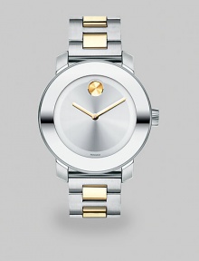Bold watch with a two-tone stainless steel link bracelet. Swiss quartz movementWater resistant to 3 ATMRound stainless steel case, 36mm (1.4) Mirrored bezelSilvertone dial with goldtone handsTwo-tone stainless steel link braceletMade in Switzerland Bold watch with a two-tone stainless steel link bracelet. Swiss quartz movementWater resistant to 3 ATMRound stainless steel case, 36mm (1.4) Mirrored bezelSilvertone dial with goldtone handsTwo-tone stainless steel link braceletMade in Switzerland