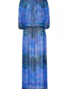 Get noticed in this stunning printed silk gown from Roberto Cavalli - Embellished round neckline, three-quarter sleeves, relaxed silhouette, all-over print, maxi length - Style with statement heels and an embellished clutch