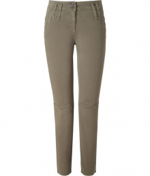 Stylish, straight-leg pants in olive colored stretch cotton are a update on your classic chinos - Features double belt loops, two flap pockets at back, darts at knee, a narrow waist and 7/8-length - Wear with oversized sweater and ankle boots for a downtown trendy look, or take to work with a feminine blouse, blazer and heels Stylish, straight-leg pants in olive colored stretch cotton are a update on your classic chinos - Features double belt loops, two flap pockets at back, darts at knee, a narrow waist and 7/8-length - Wear with oversized sweater and ankle boots for a downtown trendy look, or take to work with a feminine blouse, blazer and heels
