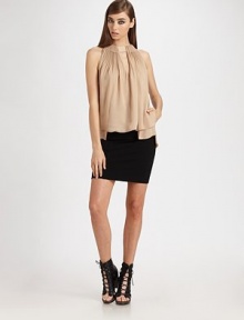 Chic pleating at the neck lends tailored elegance to this swingy silhouette/Pleats gather around band collarV cut-outGathered bodiceAsymmetrical hemAbout 29 from shoulder to hemPolyesterDry cleanImported Chic pleating at the neck lends tailored elegance to this swingy silhouette/Pleats gather around band collarV cut-outGathered bodiceAsymmetrical hemAbout 29 from shoulder to hemPolyesterDry cleanImported