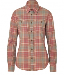 A modern country look comes to a classic button-down shirt - Created in tan and red plaid cotton for easy wear and a comfortable fit - Narrow-waisted silhouette, shirt collar, placket, two breast pockets, long sleeves and rounded seam edges - Features leather elbow patches - Casual hit with jeans, capris or denim mini skirts A modern country look comes to a classic button-down shirt - Created in tan and red plaid cotton for easy wear and a comfortable fit - Narrow-waisted silhouette, shirt collar, placket, two breast pockets, long sleeves and rounded seam edges - Features leather elbow patches - Casual hit with jeans, capris or denim mini skirts