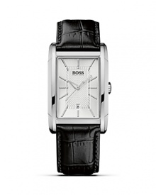 A classic timepiece with streamline design featuring applied indexes and two-texture dial with an outer sunray brush. A croc-embossed leather strap lends a sophisticated finish. From HUGO BOSS. A classic timepiece with streamline design featuring applied indexes and two-texture dial with an outer sunray brush. A croc-embossed leather strap lends a sophisticated finish. From HUGO BOSS.