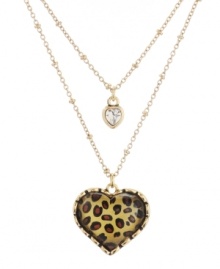 Animal magnetism. Just as leopard prints are all the rage in apparel at the moment, Betsey Johnson interprets the trend in necklace form. Featuring two heart-shaped emblems and a double-row design, it's crafted in gold tone mixed metal. Includes a signature gift box. Approximate length: 16 inches + 3-inch extender. Approximate drop: 1 inch. Animal magnetism. Just as leopard prints are all the rage in apparel at the moment, Betsey Johnson interprets the trend in necklace form. Featuring two heart-shaped emblems and a double-row design, it's crafted in gold tone mixed metal. Includes a signature gift box. Approximate length: 16 inches + 3-inch extender. Approximate drop: 1 inch.