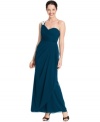 Xscape's petite dress dazzles with a jeweled one-shoulder silhouette and asymmetrical sweetheart neckline.