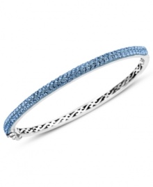 Slim, stackable style. Kaleidoscope's thin shimmering bangle makes a statement all its own, but can also be stacked with similar styles for a trendy layered look. Features round-cut blue crystals with with Swarovski Elements. Set in sterling silver. Bracelet features a hinge clasp. Approximate diameter: 2-1/2 inches.