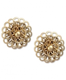 Floral framework. These fresh earrings by Jones New York lend a lovely look with a detailed floral design. Crafted in worn gold tone mixed metal. Clip-on backing for non-pierced ears. Approximate diameter: 1-1/4 inches. Floral framework. These fresh earrings by Jones New York lend a lovely look with a detailed floral design. Crafted in worn gold tone mixed metal. Clip-on backing for non-pierced ears. Approximate diameter: 1-1/4 inches.