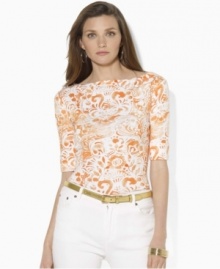 A chic boat neckline and bright batik print impart breezy, casual style to Lauren by Ralph Lauren's classic cotton jersey tee. A chic boat neckline and bright batik print impart breezy, casual style to Lauren by Ralph Lauren's classic cotton jersey tee.
