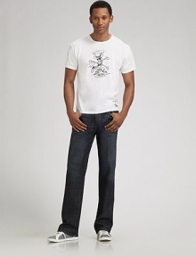 A classic five-pocket stretch cotton denim in a medium-to-dark wash with fading and whiskering detail in the front and back. Zip fly Relaxed-fitting, straight leg Inseam, about 34 Cotton/elastic; machine wash Imported A classic five-pocket stretch cotton denim in a medium-to-dark wash with fading and whiskering detail in the front and back. Zip fly Relaxed-fitting, straight leg Inseam, about 34 Cotton/elastic; machine wash Imported