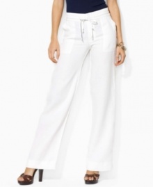Rendered in breezy linen, these Lauren by Ralph Lauren pants are finished with a chic, wide leg and drawstring waist. Rendered in breezy linen, these Lauren by Ralph Lauren pants are finished with a chic, wide leg and drawstring waist.