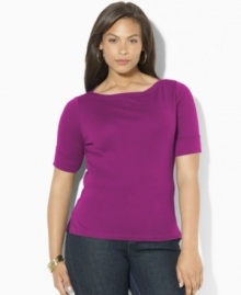 Lauren Ralph Lauren's chic boat neckline infuses the classic cotton jersey tee with breezy, relaxed style. Lauren Ralph Lauren's chic boat neckline infuses the classic cotton jersey tee with breezy, relaxed style.
