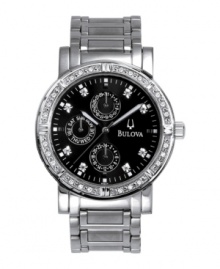 A luxe look that he's bound to love. Features stainless steel bracelet and case, black dial with diamond accent markers, 32 diamond accents along the bezel, day/date function and multifunction movement. Water resistant up to 30 meters. Three-year limited warranty. A luxe look that he's bound to love. Features stainless steel bracelet and case, black dial with diamond accent markers, 32 diamond accents along the bezel, day/date function and multifunction movement. Water resistant up to 30 meters. Three-year limited warranty.