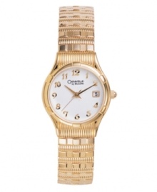 Intricate links add intrigue to this expansion watch by Caravelle by Bulova. Gold-plated stainless steel expansion bracelet and round case. White patterned dial features gold tone numerals at markers, date window at three o'clock, three hands and logo. Quartz movement. Water resistant to 30 meters. Two-year limited warranty. Intricate links add intrigue to this expansion watch by Caravelle by Bulova. Gold-plated stainless steel expansion bracelet and round case. White patterned dial features gold tone numerals at markers, date window at three o'clock, three hands and logo. Quartz movement. Water resistant to 30 meters. Two-year limited warranty.