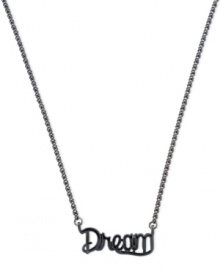 Dream big. This affirmation necklace from BCBGeneration is crafted from hematite-tone mixed metal with an inspiring message front and center in a stylish fashion. Approximate length: 16 inches. Dream big. This affirmation necklace from BCBGeneration is crafted from hematite-tone mixed metal with an inspiring message front and center in a stylish fashion. Approximate length: 16 inches.