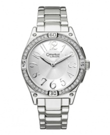 Make a stunning impression with this shining watch by Caravelle by Bulova. Silver tone mixed metal bracelet and round case with four lugs. Bezel crystallized with Swarovski elements. Silver tone dial with textured inner dial features applied silver tone numerals at markers, luminous hour and minute hands, sweeping second hand, and logo. Quartz movement. Water resistant to 30 meters. Two-year limited warranty. Make a stunning impression with this shining watch by Caravelle by Bulova. Silver tone mixed metal bracelet and round case with four lugs. Bezel crystallized with Swarovski elements. Silver tone dial with textured inner dial features applied silver tone numerals at markers, luminous hour and minute hands, sweeping second hand, and logo. Quartz movement. Water resistant to 30 meters. Two-year limited warranty.