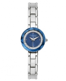 Deep blues set a rich tone on this watch by Caravelle by Bulova. Silver tone mixed metal bracelet and round case with angular blue bezel. Deep blue sunray dial features ring of crystal elements by Swarovski, four silver tone dot markers, three hands and logo. Quartz movement. Water resistant to 30 meters. Two-year limited warranty. Deep blues set a rich tone on this watch by Caravelle by Bulova. Silver tone mixed metal bracelet and round case with angular blue bezel. Deep blue sunray dial features ring of crystal elements by Swarovski, four silver tone dot markers, three hands and logo. Quartz movement. Water resistant to 30 meters. Two-year limited warranty.