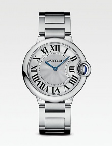 Distinctive stainless steel design with blue hands and large Roman numeral dial. Stainless steel case and bracelet Case, 36.5mm X 12mm, 1.44 X 0.47 Water ressitant to 30M Quartz movement Band width, 18mm, 0.71 Made in Switzerland Distinctive stainless steel design with blue hands and large Roman numeral dial. Stainless steel case and bracelet Case, 36.5mm X 12mm, 1.44 X 0.47 Water ressitant to 30M Quartz movement Band width, 18mm, 0.71 Made in Switzerland