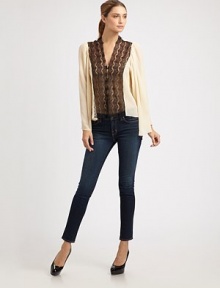 Sheer lace trims the front of this billowing silk topper for a look of refined elegance.V necklineBell sleevesGathered backAbout 26 from shoulder to hemSilkDry cleanImported Sheer lace trims the front of this billowing silk topper for a look of refined elegance.V necklineBell sleevesGathered backAbout 26 from shoulder to hemSilkDry cleanImported