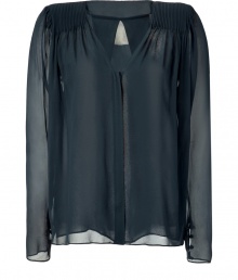 An essential piece for this seasons hot layering trend, this sheer blouse from Schumacher will add an instant update to your wardrobe favorites - V-neck, long sleeves, pintuck pleats at shoulders, concealed front button placket, back pleats, relaxed silhouette - Wear with a racerback tank, skinny jeans, and an asymmetric hem blazer An essential piece for this seasons hot layering trend, this sheer blouse from Schumacher will add an instant update to your wardrobe favorites - V-neck, long sleeves, pintuck pleats at shoulders, concealed front button placket, back pleats, relaxed silhouette - Wear with a racerback tank, skinny jeans, and an asymmetric hem blazer