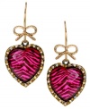 Pink and on the prowl. Betsey Johnson's dramatic drop earrings combine hot pink zebra prints, a chic heart shape, and sparkling crystals and bows. Crafted in gold tone mixed metal. Approximate drop: 1-3/4 inches.