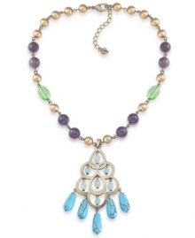 Pastel perfection. Carolee's elegant pendant features a beaded chain including amethyst (3-3/10 ct. t.w.) gold, and green glass beads and a turquoise-hued glass chandelier. Crafted in burnished gold-plated mixed metal. Approximate length: 16 inches + 2-inch extender. Approximate drop: 3-1/4 inches. Pastel perfection. Carolee's elegant pendant features a beaded chain including amethyst (3-3/10 ct. t.w.) gold, and green glass beads and a turquoise-hued glass chandelier. Crafted in burnished gold-plated mixed metal. Approximate length: 16 inches + 2-inch extender. Approximate drop: 3-1/4 inches.