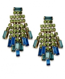 A tranquil mix of color from Bar III. With blue and green clusters of crystal accents, these drop earrings from Bar III lend a soothing feel to your look. Crafted in gold tone mixed metal. Approximate drop: 1-3/4 inches. A tranquil mix of color from Bar III. With blue and green clusters of crystal accents, these drop earrings from Bar III lend a soothing feel to your look. Crafted in gold tone mixed metal. Approximate drop: 1-3/4 inches.