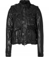 Stylish blouson style motorcycle jacket in black washed leather - From the Italian trend designer Neil Barrett - Stand collar - Four securable patch flap pockets - Cool and sexy, a dream piece for any wardrobe - Pair with super skinny jeans and a T-shirt or sweater - Motorcycle jackets are a Must for fall/winter - Caution: washed leather, so its slim fit