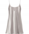 Delicate camisole dress in fine silver gray silk - Thin spaghetti straps, round neckline, and feminine silhouette - Falls loosely but has flatting fit - Fashionable and sexy, but incredibly comfortable - Wear as a nightgown with a matching silk robe