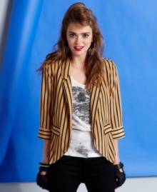Add a bold layer to your style equation with this striped, three-quarter sleeve blazer from Ali & Kris! Add a bold layer to your style equation with this striped, three-quarter sleeve blazer from Ali & Kris!