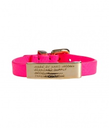 Inject an edge of attitude into your look with Marc by Marc Jacobs bright pink leather ID bracelet - Buckled leather band and gold-toned brass logo engraved ID plate - Wear alone, or stacked up high with colorful bangles Inject an edge of attitude into your look with Marc by Marc Jacobs bright pink leather ID bracelet - Buckled leather band and gold-toned brass logo engraved ID plate - Wear alone, or stacked up high with colorful bangles