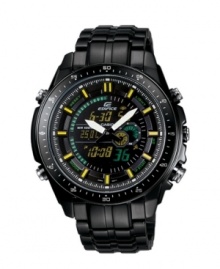 From the track to the street, Casio's Edifice Black Label watch is about 100% performance. Black ion-plated stainless steel bracelet and round case. Black bezel features white numerals. Analog-digital dial features yellow stick indices, luminous hands, auto LED light, world time, daily alarm, hourly time signal, stopwatch, countdown timer, full auto calendar, thermometer sensor and 12/24-hour formats. Quartz movement. Water resistant to 100 meters. One-year limited warranty. From the track to the street, Casio's Edifice Black Label watch is about 100% performance. Black ion-plated stainless steel bracelet and round case. Black bezel features white numerals. Analog-digital dial features yellow stick indices, luminous hands, auto LED light, world time, daily alarm, hourly time signal, stopwatch, countdown timer, full auto calendar, thermometer sensor and 12/24-hour formats. Quartz movement. Water resistant to 100 meters. One-year limited warranty.
