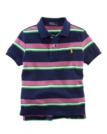 Rendered in lightweight, breathable cotton mesh, this classic polo design features signature pony embroidery at the chest and a bold striped pattern. Rendered in lightweight, breathable cotton mesh, this classic polo design features signature pony embroidery at the chest and a bold striped pattern.