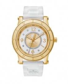 Regal design, worthy of your Royal Highness. HRH watch by Juicy Couture crafted of white silicone bracelet and round gold-plated stainless steel case with logo-etched bezel. White dial with inner textured gold tone dial crystallized with Swarovski elements features gold tone Roman numerals, minute track, luminous hands and iconic crown logo. Quartz movement. Water resistant to 30 meters. Two-year limited warranty. Regal design, worthy of your Royal Highness. HRH watch by Juicy Couture crafted of white silicone bracelet and round gold-plated stainless steel case with logo-etched bezel. White dial with inner textured gold tone dial crystallized with Swarovski elements features gold tone Roman numerals, minute track, luminous hands and iconic crown logo. Quartz movement. Water resistant to 30 meters. Two-year limited warranty.