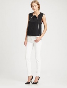 Dual asymmetrical zippers and a slight hi-lo hem renew this edgy, lightweight topper. RoundneckSleevelessDual asymmetrical zippersHi-lo hemFully linedAbout 23 from shoulder to hem98% cotton/2% LycraDry cleanImportedModel shown is 5'10 (177cm) wearing US size 2. Dual asymmetrical zippers and a slight hi-lo hem renew this edgy, lightweight topper. RoundneckSleevelessDual asymmetrical zippersHi-lo hemFully linedAbout 23 from shoulder to hem98% cotton/2% LycraDry cleanImportedModel shown is 5'10 (177cm) wearing US size 2.