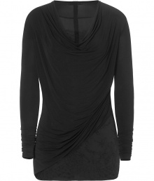 Luxurious top in fine black stretch rayon - outstanding comfortable and flattering quality - slim cut, slightly waist fitted and longer - feminine cascade neck and elegant asymmetrical drape - luxurious lace inlays - long sleeves can be casually rolled-up - dream top, noble and stylish - a hit with leggings, pencil skirts, mini skirts