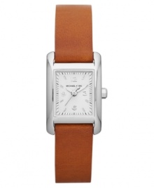 This stainless steel watch runs north/south, placed upon a rich leather strap, by Michael Kors.