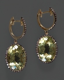 Lemon quartz and brown diamond drop earrings in yellow gold. Lemon quartz and brown diamond drop earrings in yellow gold.