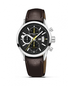 Raymond Weil's stainless steel automatic chronograph watch has a black dial, brown leather strap and deployment clasp. Also features a sapphire crystal and sweep second hand in sub-dial. Raymond Weil's stainless steel automatic chronograph watch has a black dial, brown leather strap and deployment clasp. Also features a sapphire crystal and sweep second hand in sub-dial.
