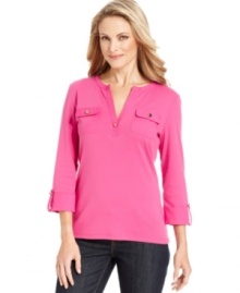 Kick back in Charter Club's bright henley-inspired top - it makes a great weekend look with jeans. Kick back in Charter Club's bright henley-inspired top - it makes a great weekend look with jeans.
