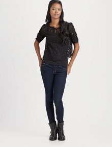 Feminine, semi-sheer lace boatneck with frayed details and uniquely scalloped hem. Frayed boatneckThree-quarter sleevesFrayed cuffsScalloped, frayed hemBack keyhole closure58% nylon/42% cottonDry cleanImported Feminine, semi-sheer lace boatneck with frayed details and uniquely scalloped hem. Frayed boatneckThree-quarter sleevesFrayed cuffsScalloped, frayed hemBack keyhole closure58% nylon/42% cottonDry cleanImported