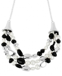 It's style times three in this frontal necklace from Robert Lee Morris. Crafted from silver-tone mixed metal, the necklace features black beads and simulated pearl accents layered along three rows. Approximate length: 21 inches + 3-inch extender. Approximate drop: 2-1/2 inches. It's style times three in this frontal necklace from Robert Lee Morris. Crafted from silver-tone mixed metal, the necklace features black beads and simulated pearl accents layered along three rows. Approximate length: 21 inches + 3-inch extender. Approximate drop: 2-1/2 inches.