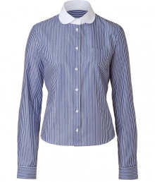 Elevate your workwear wardrobe with elegant staples like Jil Sander Navys luxe striped cotton blouse - Crafted in a soft, pure white and blue cotton - Feminine, fitted cut is slightly cropped - Contrast Peter Pan collar and full button placket - Long, cuffed sleeves and small pocket at chest - A modern twist on a polished classic, perfect for pairing with suit trousers, cigarette pants and pencil skirts Elevate your workwear wardrobe with elegant staples like Jil Sander Navys luxe striped cotton blouse - Crafted in a soft, pure white and blue cotton - Feminine, fitted cut is slightly cropped - Contrast Peter Pan collar and full button placket - Long, cuffed sleeves and small pocket at chest - A modern twist on a polished classic, perfect for pairing with suit trousers, cigarette pants and pencil skirts