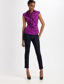 Allover ruching and tiered ruffles add volume to this thoroughly feminine silhouette.Ruffled neckline Cap sleeves Button-down placket Slight shirttail hem Back princess seams About 24 from shoulder to hem 67% cotton/30% nylon/3% spandex Dry clean ImportedOUR FIT MODEL RECOMMENDS ordering true size. Allover ruching and tiered ruffles add volume to this thoroughly feminine silhouette.Ruffled neckline Cap sleeves Button-down placket Slight shirttail hem Back princess seams About 24 from shoulder to hem 67% cotton/30% nylon/3% spandex Dry clean ImportedOUR FIT MODEL RECOMMENDS ordering true size.