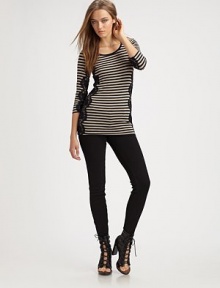 Sailor stripes get a touch of feminine whimsy in this lace-trimmed crewneck.Contrast trim at neckThree-quarter sleevesPullover styleAbout 27 from shoulder to hem96% rayon/4% spandexDry cleanImported Sailor stripes get a touch of feminine whimsy in this lace-trimmed crewneck.Contrast trim at neckThree-quarter sleevesPullover styleAbout 27 from shoulder to hem96% rayon/4% spandexDry cleanImported