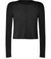 Chic cardigan in sumptuous black cashmere - Lightweight and luxurious material - Elegant, densely woven knit motif - Cropped button down style hits above the hips - Round neck and long, fitted sleeves - Slim cut - Exposed seam detail - A modern twist on a timeless wardrobe essential - Ideal for layering over a t-shirt or blouse - pair with high-waisted trousers or a pencil skirt