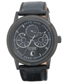 Take on the night with this blacked out Calibre 8651 Citizen watch built with moon-phase tech. Powered by Eco-Drive, harnessing natural and artificial light, never needing a battery. Take on the night with this blacked out Calibre 8651 Citizen watch built with moon-phase tech. Powered by Eco-Drive, harnessing natural and artificial light, never needing a battery.