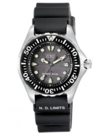 There's no limit to your imagination. Take it underwater with this Diver series watch by Citizen. Black rubber strap and round stainless steel case. Black unidirectional rotating bezel with white numerals and stick indices. Gray textured dial features luminous dot markers, date window at three o'clock, luminous hands and logo. Quartz movement. Water resistant to 300 meters. Five-year limited warranty. There's no limit to your imagination. Take it underwater with this Diver series watch by Citizen. Black rubber strap and round stainless steel case. Black unidirectional rotating bezel with white numerals and stick indices. Gray textured dial features luminous dot markers, date window at three o'clock, luminous hands and logo. Quartz movement. Water resistant to 300 meters. Five-year limited warranty.