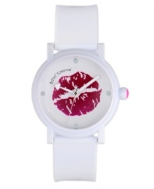 Pucker up. Betsey Johnson sealed this cheeky watch with a kiss. White polyurethane strap and round polycarbonate case. White dial features large red lip graphic, silver tone dot markers at twelve, three, six and nine o'clock, three hands and logo. Quartz movement. Water resistant to 30 meters. Two-year limited warranty. Pucker up. Betsey Johnson sealed this cheeky watch with a kiss. White polyurethane strap and round polycarbonate case. White dial features large red lip graphic, silver tone dot markers at twelve, three, six and nine o'clock, three hands and logo. Quartz movement. Water resistant to 30 meters. Two-year limited warranty.