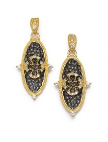 THE LOOKDrop silhouetteTextured oval with cross detailCubic zirconia accentsGold vermeil and black rhodium-plated settingPost backTHE MEASUREMENTLength, about 1.5ORIGINImported THE LOOKDrop silhouetteTextured oval with cross detailCubic zirconia accentsGold vermeil and black rhodium-plated settingPost backTHE MEASUREMENTLength, about 1.5ORIGINImported